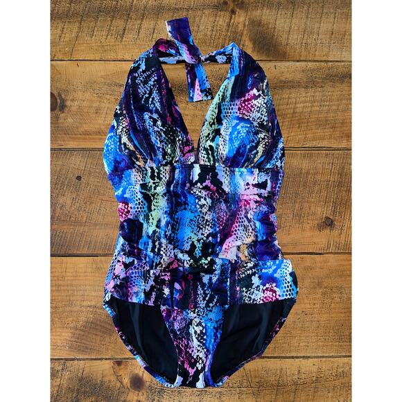 Womens MAGICSUIT Claudia Boa Green Blue Pink Snake‎ Halter Bathing Suit Size 12 - Picture 1 of 10